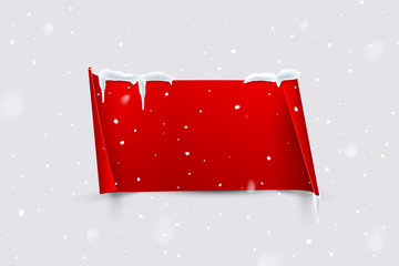 Red paper sheet with curled edges isolated on snowfall background. Vector design element.