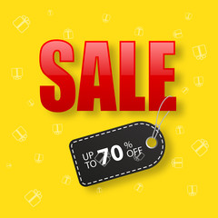 Sale word with black discount tag on yellow background. Vector illustration. Sale promotion template.