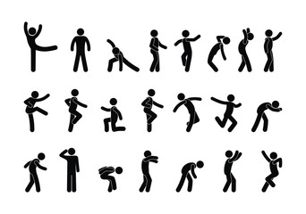 silhouettes of having fun people, funny dancing, isolated stick figure man icons