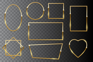 Golden shiny frames isolated on dark transparent background. Vector golden luxury realistic border set.