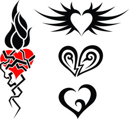 Set of tribal tattoos including hearts, flame, roots and horns