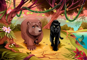 Selbstklebende Fototapeten Bär und schwarzer Panther gehen zusammen im Wald © ddraw