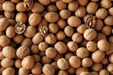 Walnuts with and without shells. Background of fresh walnuts.