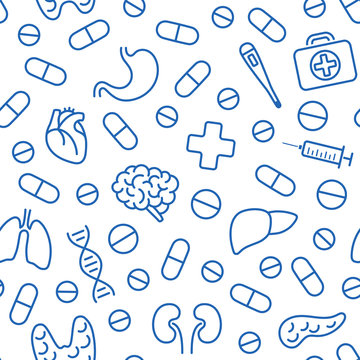 Seamless pattern with blue medical icons in outline style. Vector illustration isolated over white background