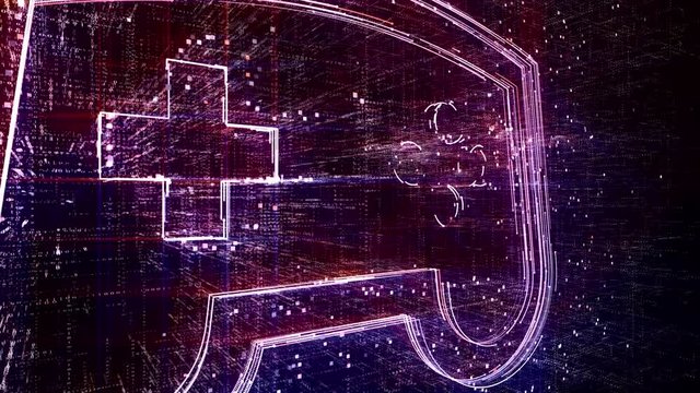 4k Retro gamepad controller hologram on digital background,5G gaming play pad online game abstract concept cloud,design animation,binary computer code.Matrix tag text style shaped