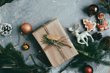 Christmas and New Year holiday background and wallpaper. Christmas decoration toys 