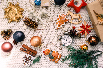 Christmas and New Year holiday background and wallpaper. Christmas decoration toys 