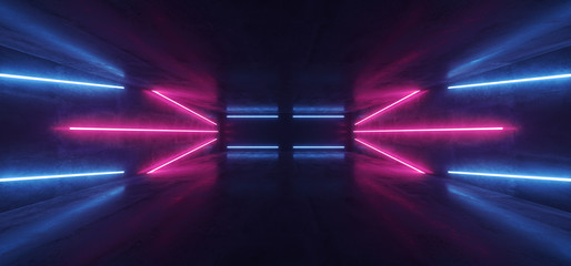 Sci Fi Futuristic Neon Glowing Purple Blue Laser Lines Reflective Concrete Grunge Dark Night Show Stage Entrance Garage Underground Retro Modern Virtual 3D Rendering