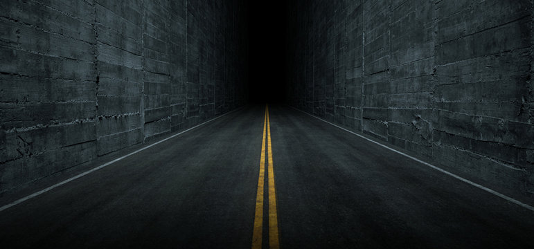 Sci Fi Futuristic Asphalt Tunnel Corridor Garage Cement Road Double Lined Concrete Walls Underground Dark Night Car Show Neon Glowing Arc Stage Showroom 3D Rendering