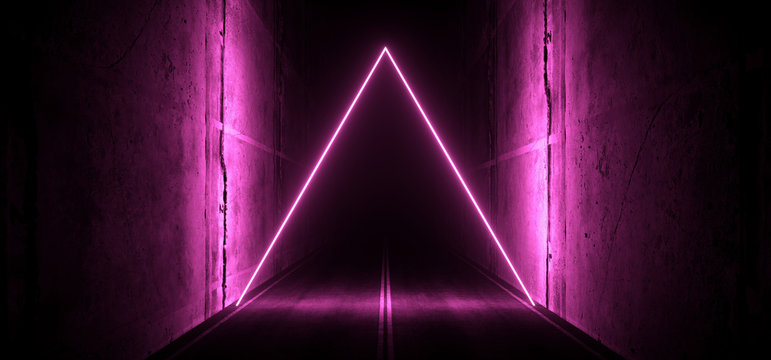 Sci Fi Futuristic Asphalt Cement Road Double Lined Concrete Walls Underground Dark Night Car Show Neon Laser Triangles Glowing Purple Arc Virtual Stage Showroom 3D Rendering © IM_VISUALS