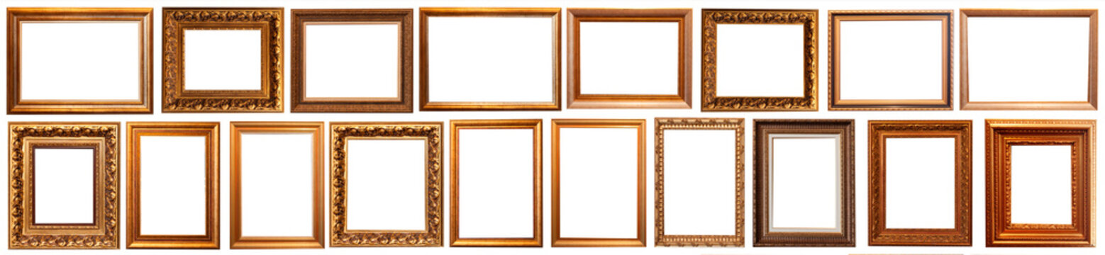 Collection of golden picture frames isolated on white background set