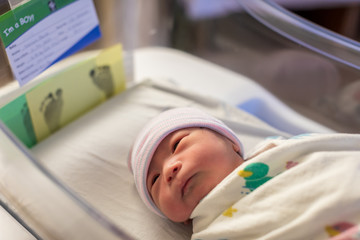 just born asian baby laying in the infant bassinet basket