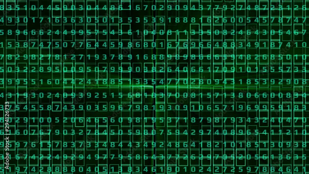 Poster Digital Number Technology 4K Motion Computing Running Developer Program Code Motion Background. 3D Graphic Binary Encoding Decimal Statistics Algorithm Row Matrix Concept Display.
