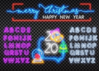 2020 Happy New Year Neon Text. 2020 New Year Design template for Seasonal Flyers and Greetings Card or Christmas themed invitations.