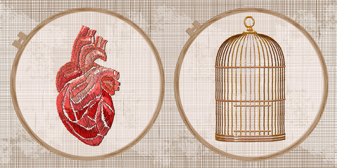 Embroidery collection. Anatomical human heart and golden cage. Template tambour frame with a canvas, elements from stitches. Art for clothes