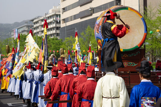 Traditional Parade in Seoul near geyongbokgung palace. Drum player and colorful outfits 