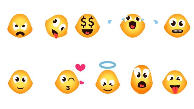 funny yellow emojis. A set of 10 pieces: anger, crazy, dollar, laughter, bad luck, hello, love, angel, surprise, Face With Tongue.  Alpha channel looped