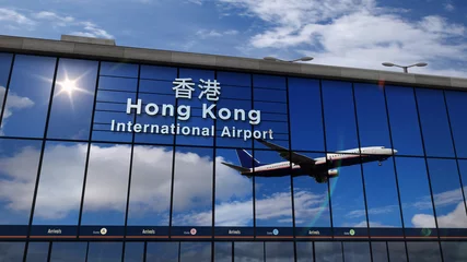 Foto op Plexiglas Airplane landing at Hong Kong mirrored in terminal © Skórzewiak