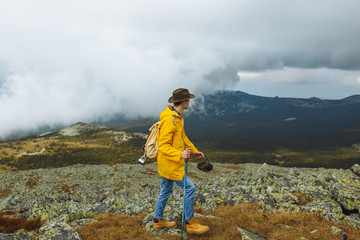 ambitious man watching misty and foggy morning valley in morning, close up. copy space .side view photo, hobby, interest