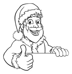 Young handsome Santa Claus Christmas cartoon character peeking over a sign and giving a double thumbs up