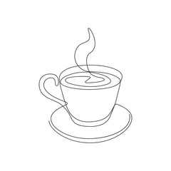 vector one line illustration of a coffee or tea mug isolated on white.