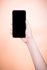 Fototapeta na wymiar Female holding mobile smartphone plus blank screen