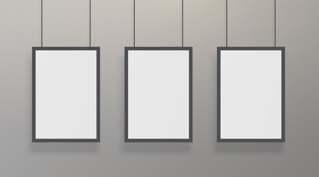 Realistic white poster mockup with black frame. Blank vertical A4 formats paper poster at the grey wall. Vector illustration hanging design empty mock up for presentation photos canvas