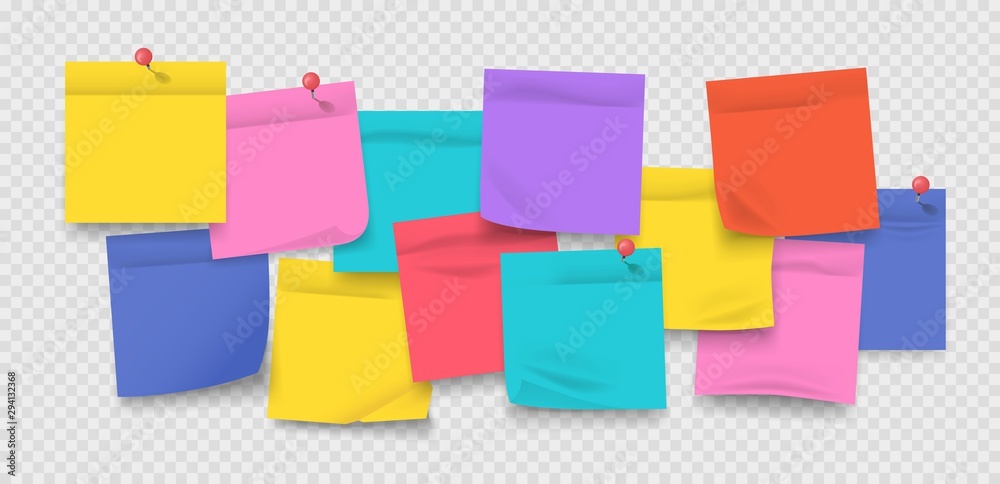 Poster Sticky notes. Colored stickers with pins, realistic notebook sheets and memo isolated on transparent background. Vector set wall board sticker post for professional organizing office