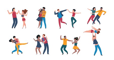 Fototapeta na wymiar Dancing couples. Cartoon trendy pairs performing dance at choreography school, flat men and women characters. Vector illustration isolated set people on party perform dance elements