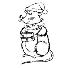 Rat in santa hat with gift in paws. Hand-drawn vector illustration of mouse, rat in scarf with cheese, gift and santa hat. Symbol of New Year 2020.