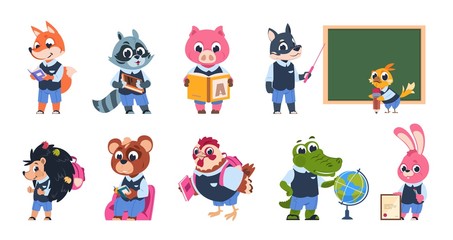 School dieren karakters. Schattige cartoon dieren kinderen op school met boeken en rugzakken lezen en studeren. Vector geïsoleerde gekleurde beeldvorming abstracte grappige leerling student set