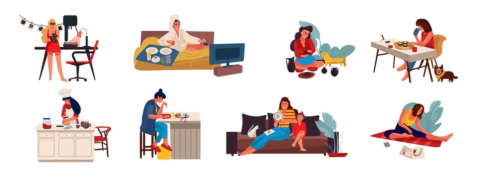 People with hobbies. Flat creative characters cooking playing sewing and doing hobbies at home and outdoor. Vector set illustrations cartoon free women handicrafts working on white background
