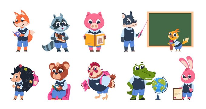 School animal characters. Cute cartoon animal kids at school with books and backpacks reading and studying. Vector isolated coloured imaging abstract funny pupil student set