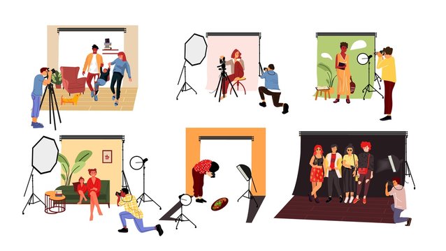 Photographers in studio. Cartoon models working at photo studio in different poses and with costumes Vector illustration photographer with professional equipment photographs couple and family with dog