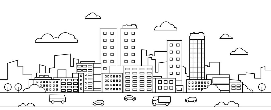Line city landscape. Urban cityscape with skyscrapers, buildings, street, park and cars, modern linear background. Vector illustration sketch art silhouette downtown with graphic scene environment