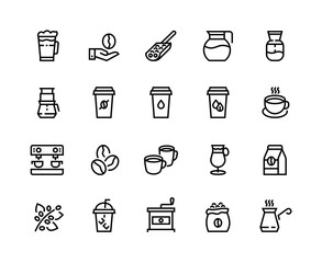 Coffee line icons. Cup with latte, cappuccino mug and espresso coffee maker machine, coffee shop outline pictograms. Vector set linear symbol restaurant menu for illustrations items hot drinks