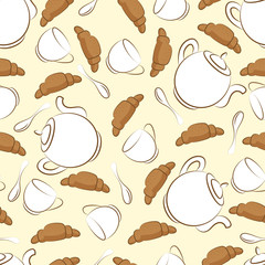 Tea with croissants. Seamless pattern. Image of a white teapot, white tea cups and brown croissants on a beige background. Vector illustration.