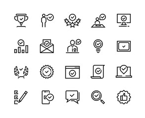 Quality control line icons. Verification certificate payment approval and confirmation outline signs. Vector check mark stamp outline set for guaranteed approved confirm quality