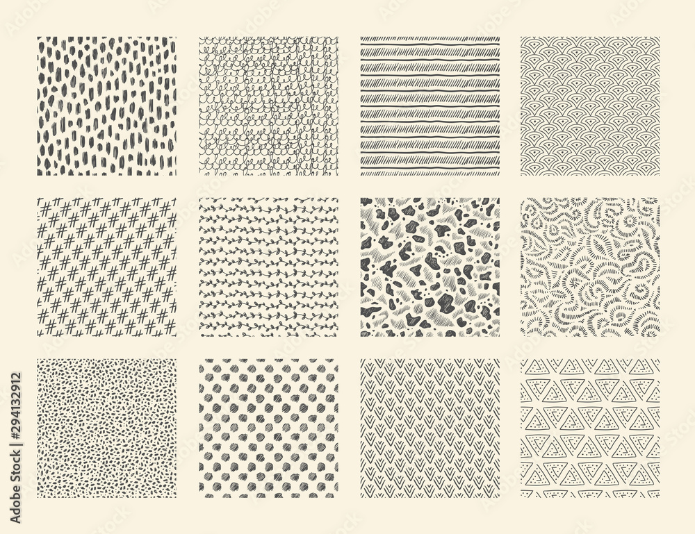 Aufkleber hand drawn textures. seamless ink brush repeat patterns with dots strokes grunge and doodle elements