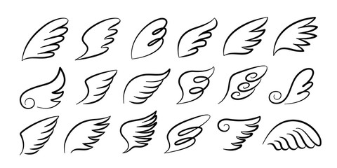 Doodle wings. Cartoon bird feather wings, religious angel wings ink sketch, black tattoo silhouette. Vector hand drawn blade wing sketch set for heraldic symbol emblem on white background