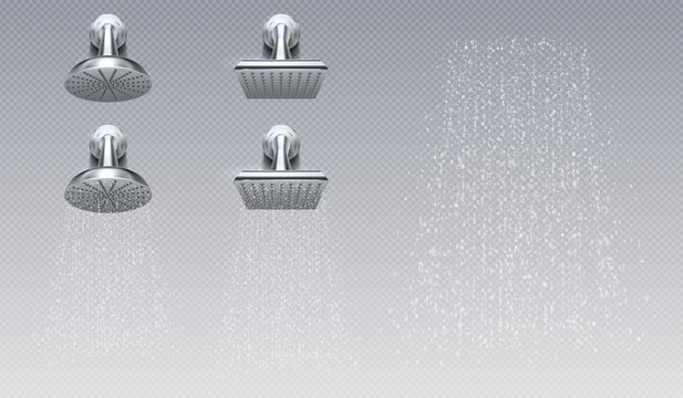 Realistic shower heads. Bathroom rain metal shower contemporary sprinkler. Vector illustration creativity design elegant showers with water drops flowing on transparent background