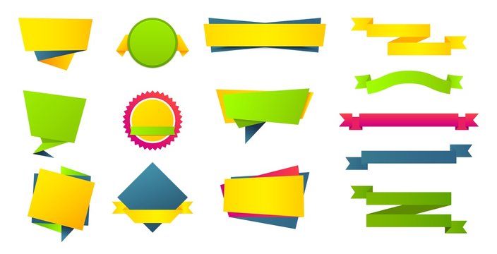 Flat stickers labels banners set. Web origami yellow blue and green tags collection for message. Colorful vector illustration ribbon design for price or text on white background