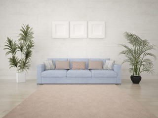 Mock up a stylish living room with a trendy compact sofa and an original hipster backdrop.