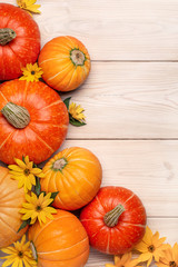 Festive background with pumpkins and yellow flowers on light wooden surface. Copy space, top view