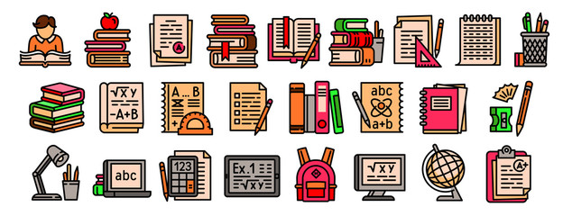 Homework icons set. Outline set of homework vector icons for web design isolated on white background