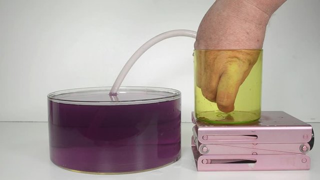 Siphon demonstration, with a siphon it is possible to convey a liquid to a higher positioned tank, but only until the surfaces align. 
