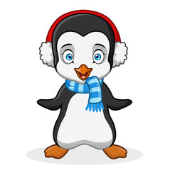 a funny cartoon penguin christmas wearing a scarf while listening to music using an ear phone.
