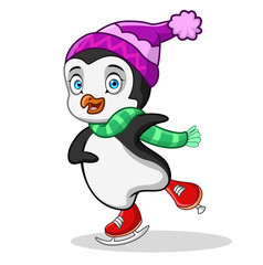 Cute cartoon penguin is playing roller skates in the snow. isolated on white background 