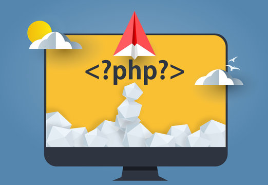 PHP programming language. paper plane or rocket launch from pc monitor with php tag