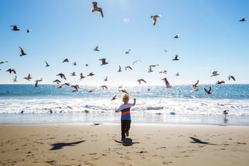 Happy and free boy on the beach with seagulls © Maygutyak